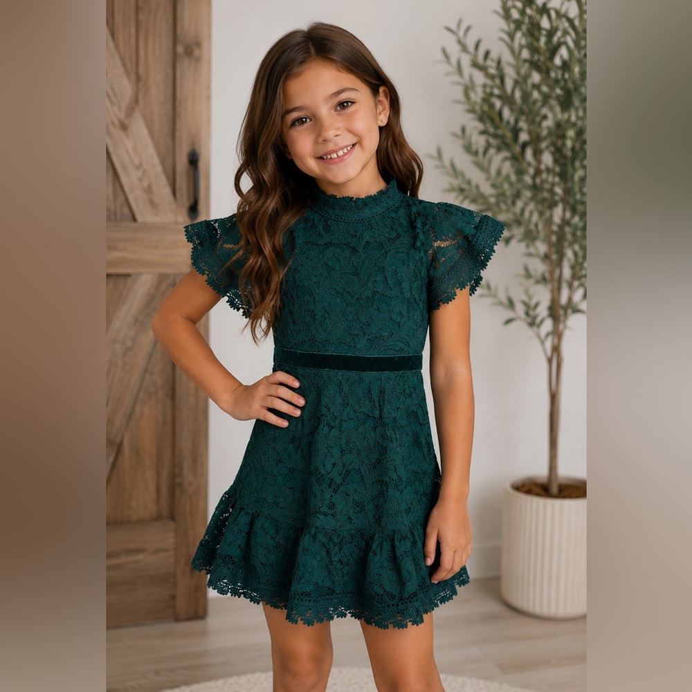 GB Girls | Emerald Green Lace Flutter Sleeve Dress- Girls Size 7